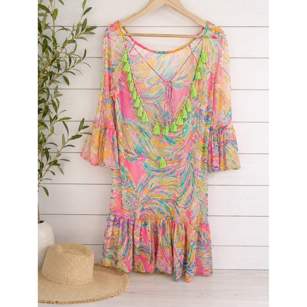 Lilly Pulitzer Cover Up Women S Pink Tassel Mesh Ruffle Bell Sleeve